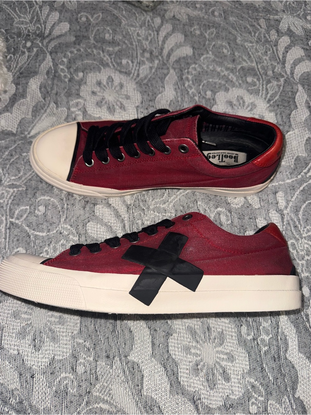 John Varvatos Bootleg Coated Cotton Canvas Distressed Red Low Top Sneakers 10